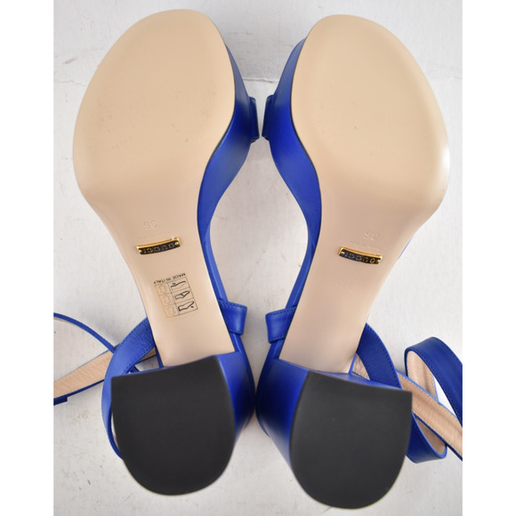 Gucci Marmont Blue Leather Gold G Logo Block Heel Ankle Strap Platform Sandal 36 - Picture 12 of 12